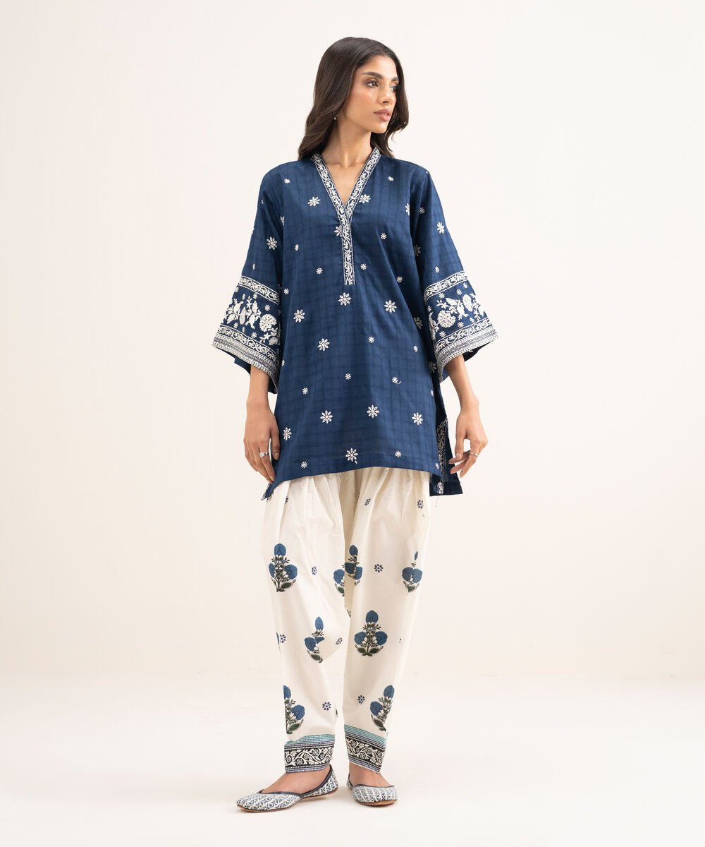 Women's RTW Dobby Embroidered Blue Boxy Shirt