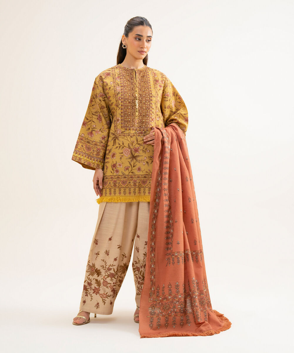Women's Unstitched Cotton Printed Yellow 3 Piece Suit