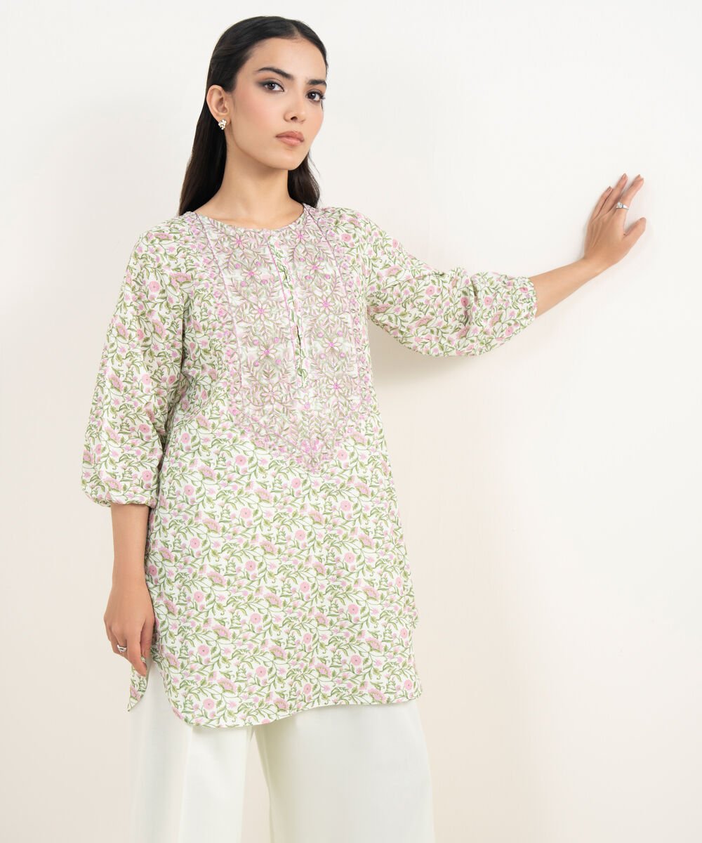 Women's RTW Slub Lawn Embroidered Mint Green Straight Shirt
