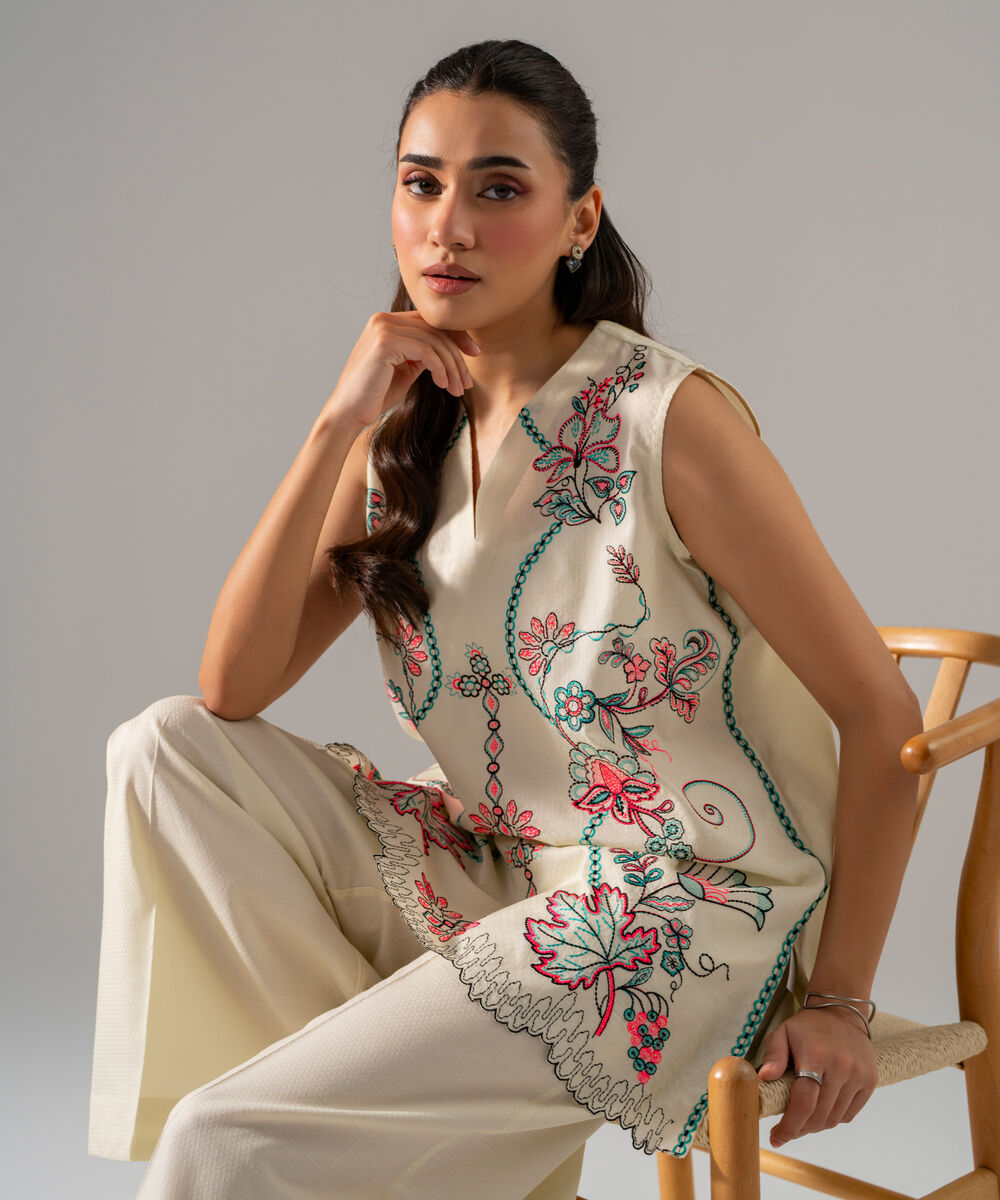 Women's RTW Dobby Solid Embroidered Off White 2 Piece Suit