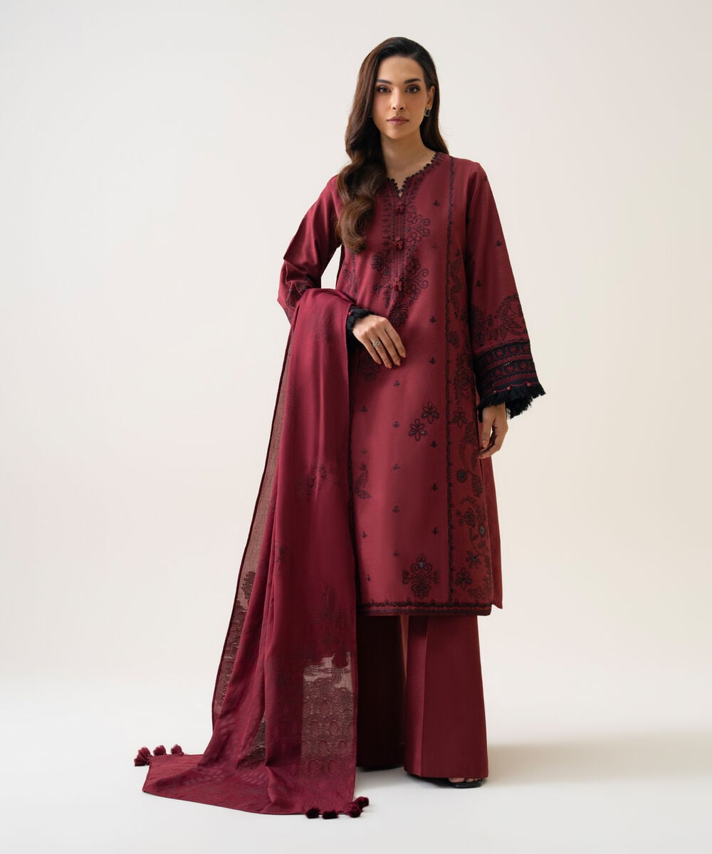 Women's Unstitched Light Khaddar Embroidered Maroon 3 Piece Suit