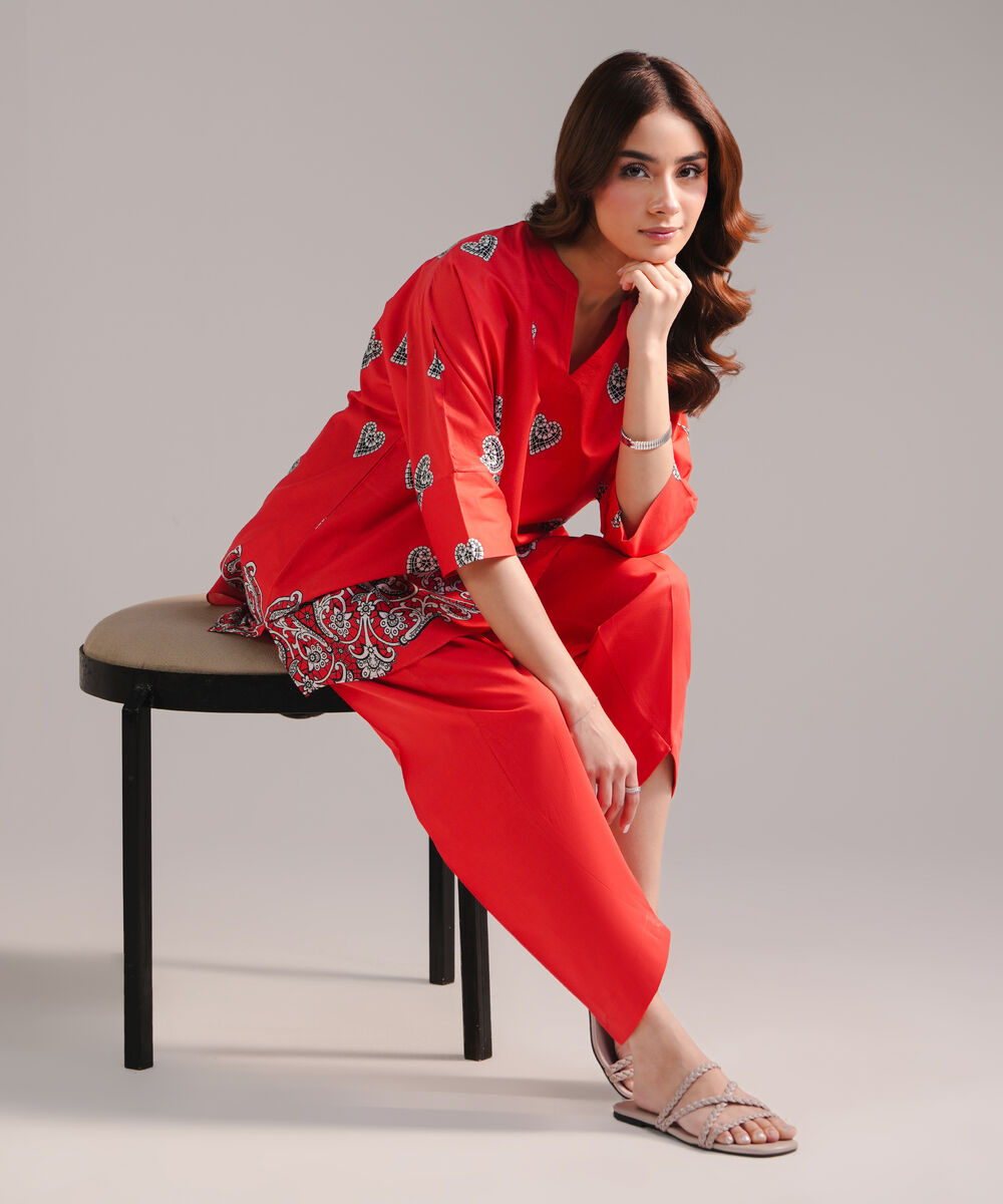 Women's RTW Lawn Printed Red Drop Shoulder Shirt