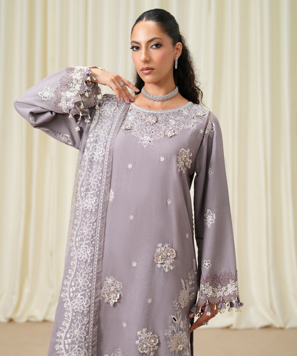 Women's Unstitched Embroidered Cotton Karandi Dusty Mauve 3 Piece Suit