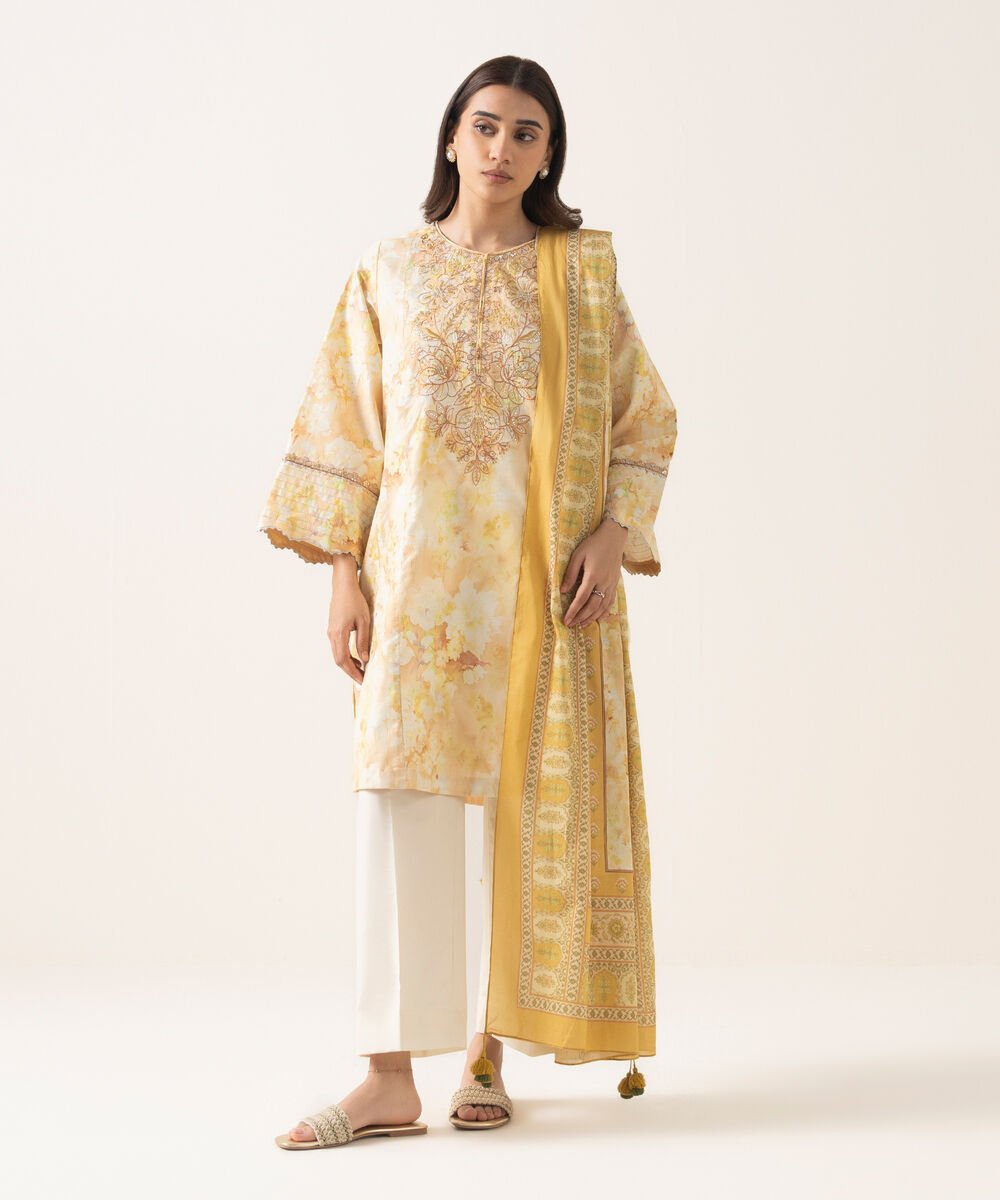 Women's Unstitched Textured Lawn Embroidered Yellow 3 Piece Suit