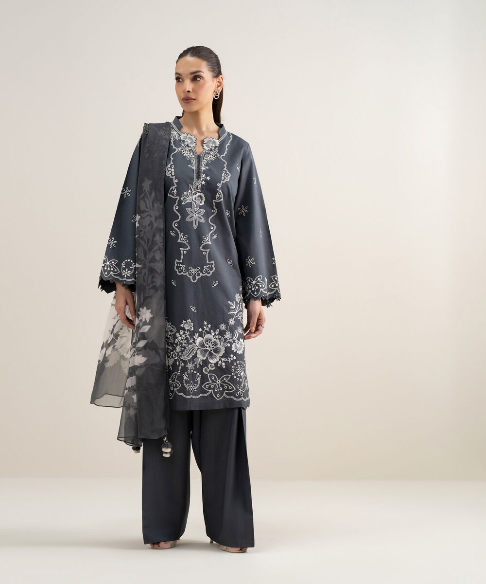 Women's Unstitched Textured Lawn Embroidered Grey 3 Piece Suit