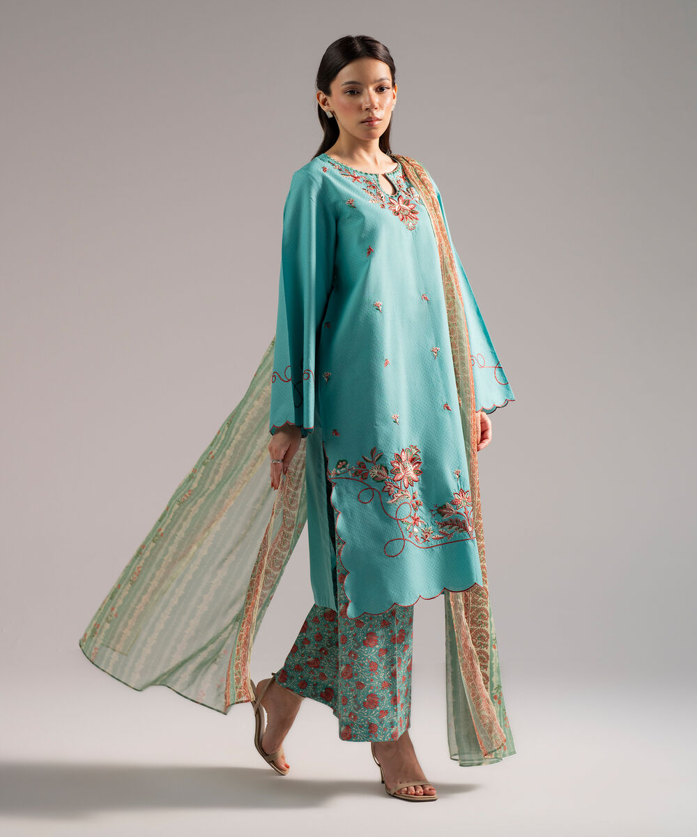 Women's RTW Dobby Embroidered Blue 3 Piece Suit