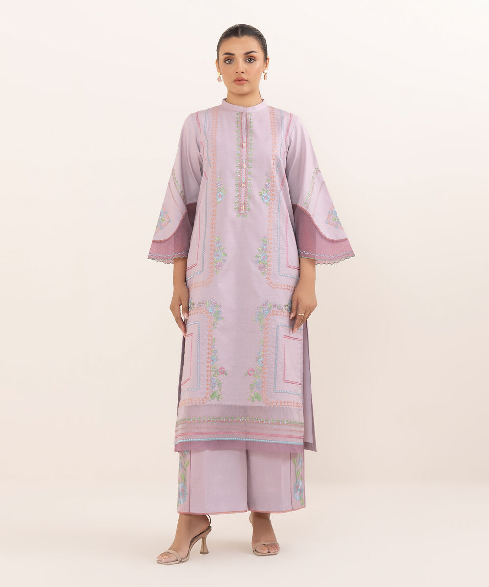 Women's Unstitched Cotton Embroidered Lilac Two Piece Suit