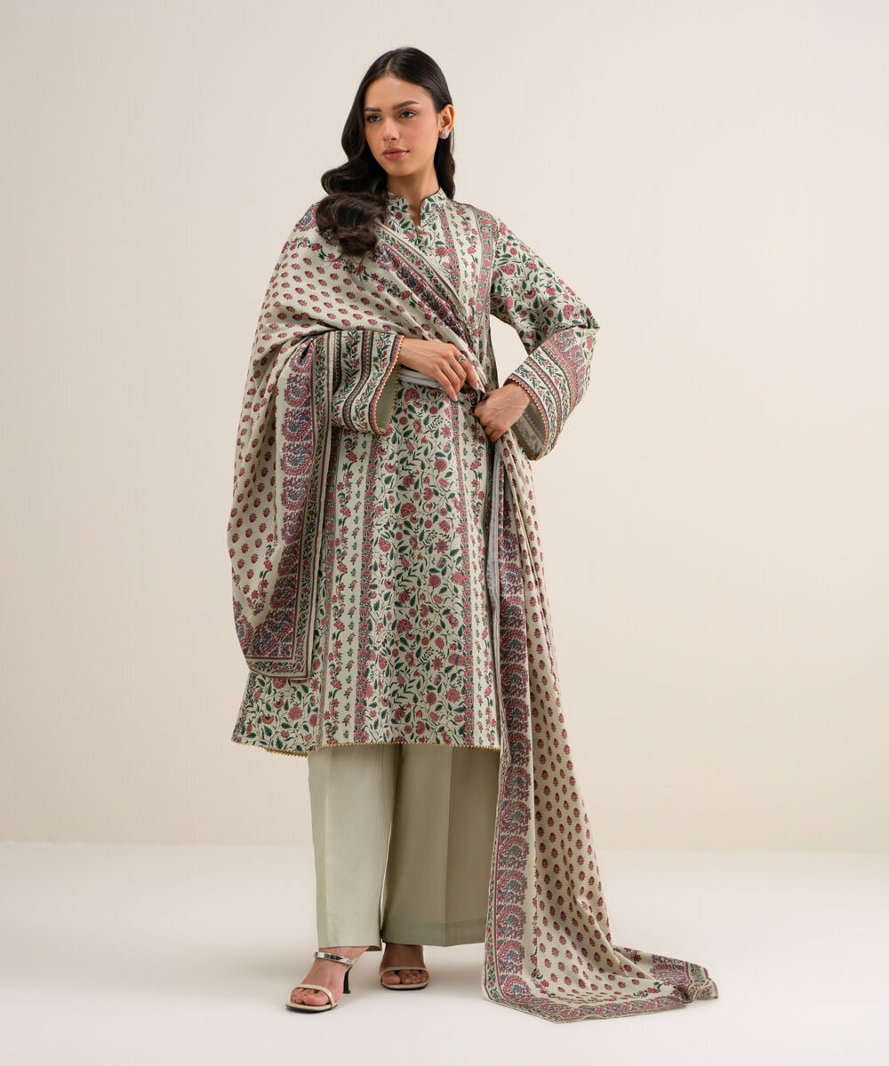 Women's Unstitched Printed Cotton Viscose Beige 3 Piece Suit