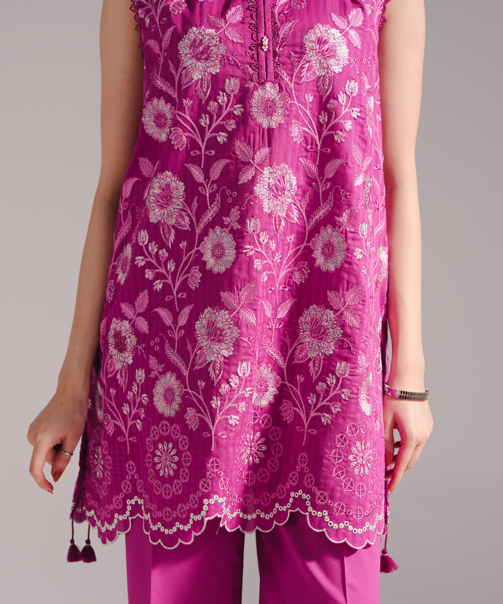 Women's RTW Textured Cotton Embroidered Dark Pink 2 Piece Suit