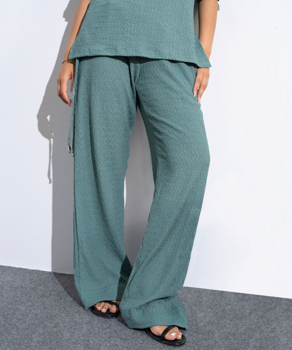 Women's Teal Green Pull-On  Textured Trousers With Tie Detail