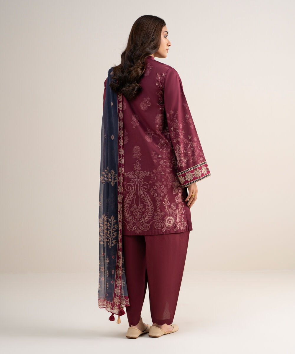 Women's Unstitched Lawn Printed Red 3 Piece Suit