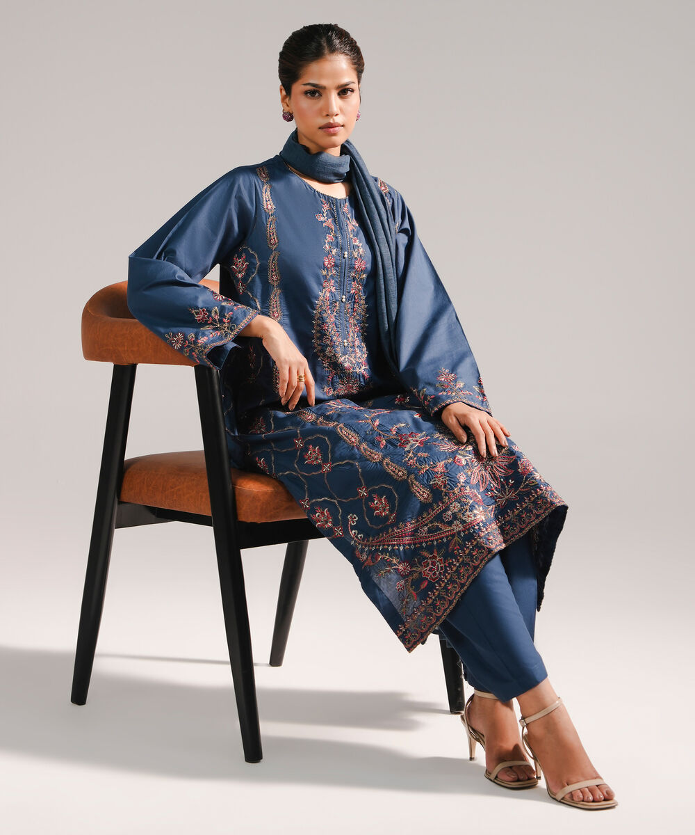 Women's RTW Lawn Embroidered Dark Blue 3 Piece Suit