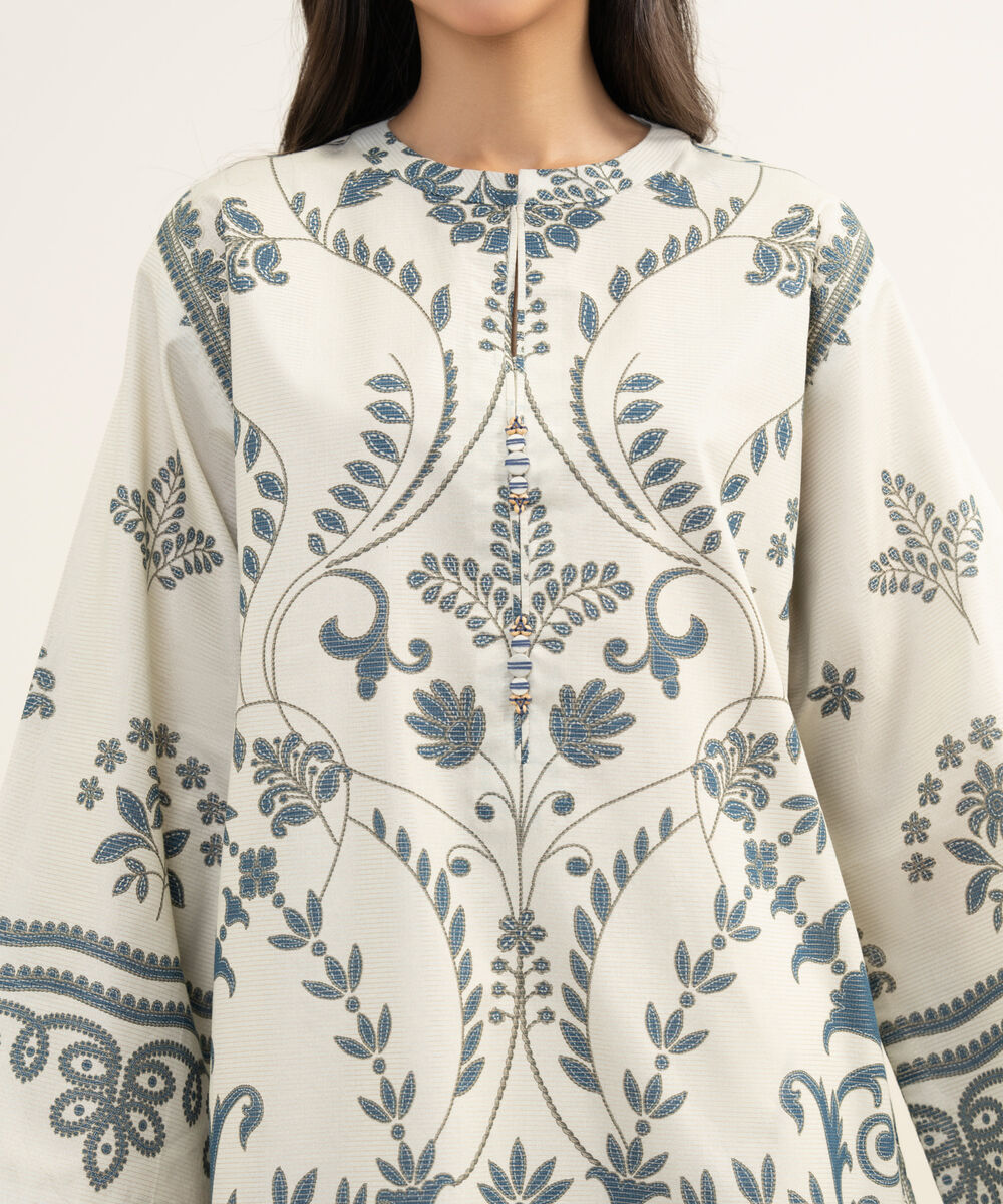 Women's Unstitched Zari Lawn Printed Off White 3 Piece Suit