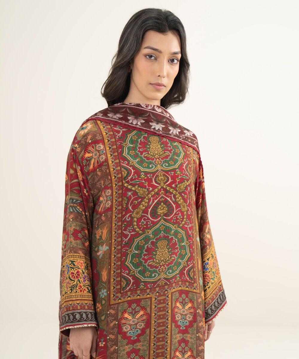 Women's RTW Bemberg Grip Printed Red 3 Piece Suit