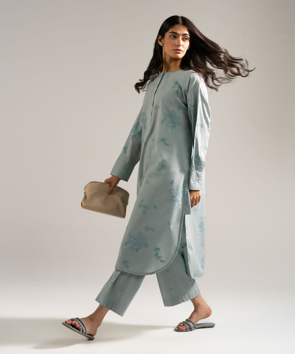 Women's RTW Slub Lawn Printed Blue 2 Piece Suit