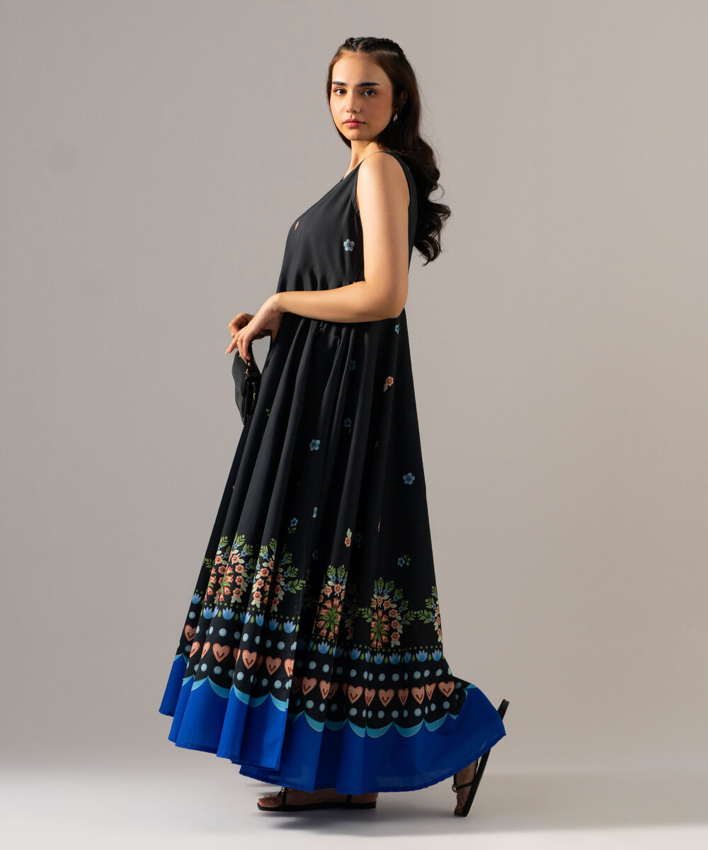 Women's RTW Cambric Printed Black Dress