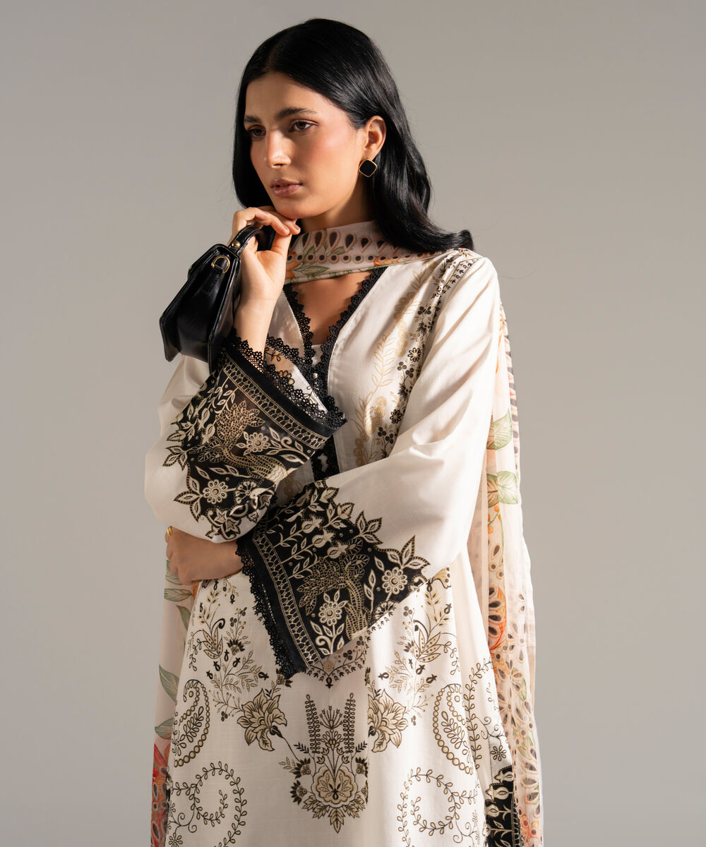 Women's RTW Slub Lawn Printed Off White 3 Piece Suit