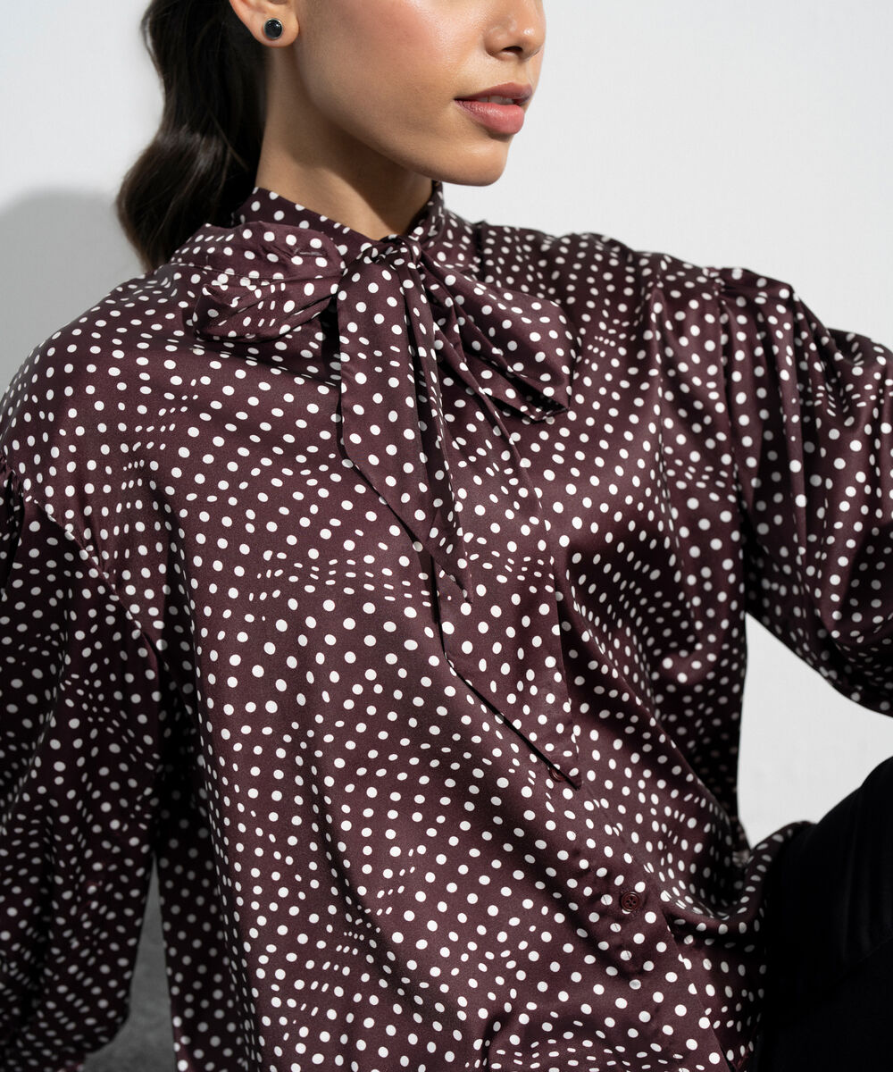 Women's Western Maroon Polka Dot Satin Blouse