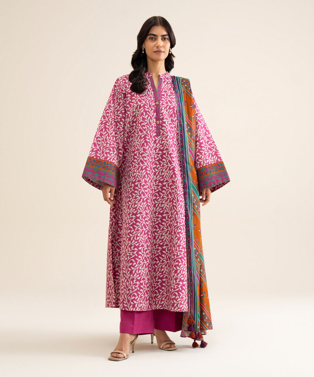 Women's Unstitched Cotton Printed Pink 3 Piece Suit