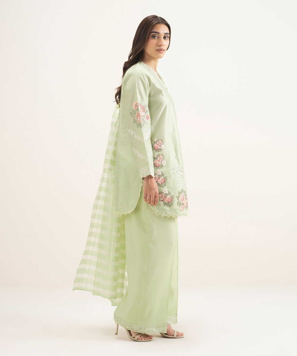 Women's RTW Silk Cotton Net Embroidered Mint Green 3 Piece Suit