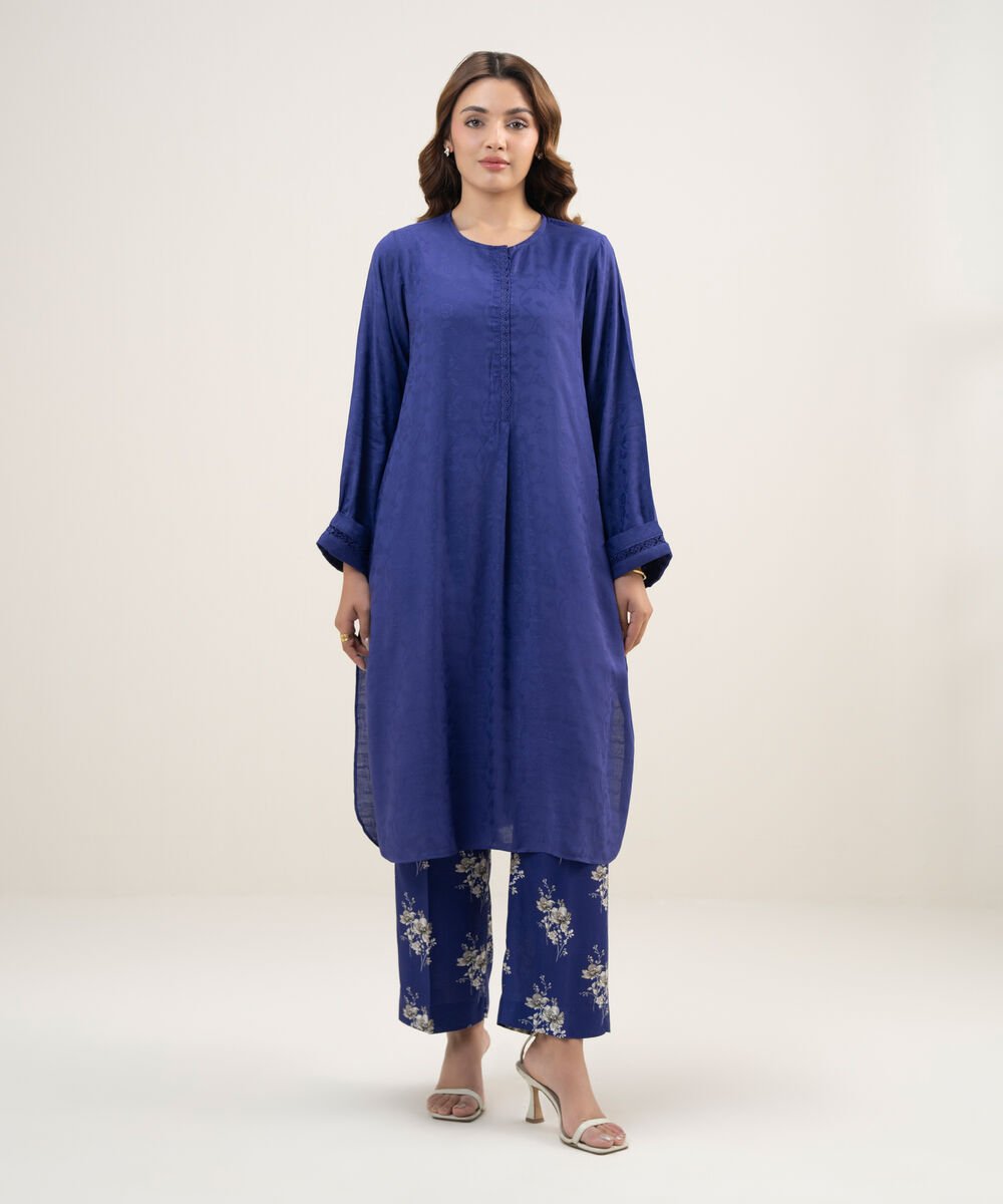 Women's RTW Arabic Self Jacquard Solid Dark Blue Straight Shirt