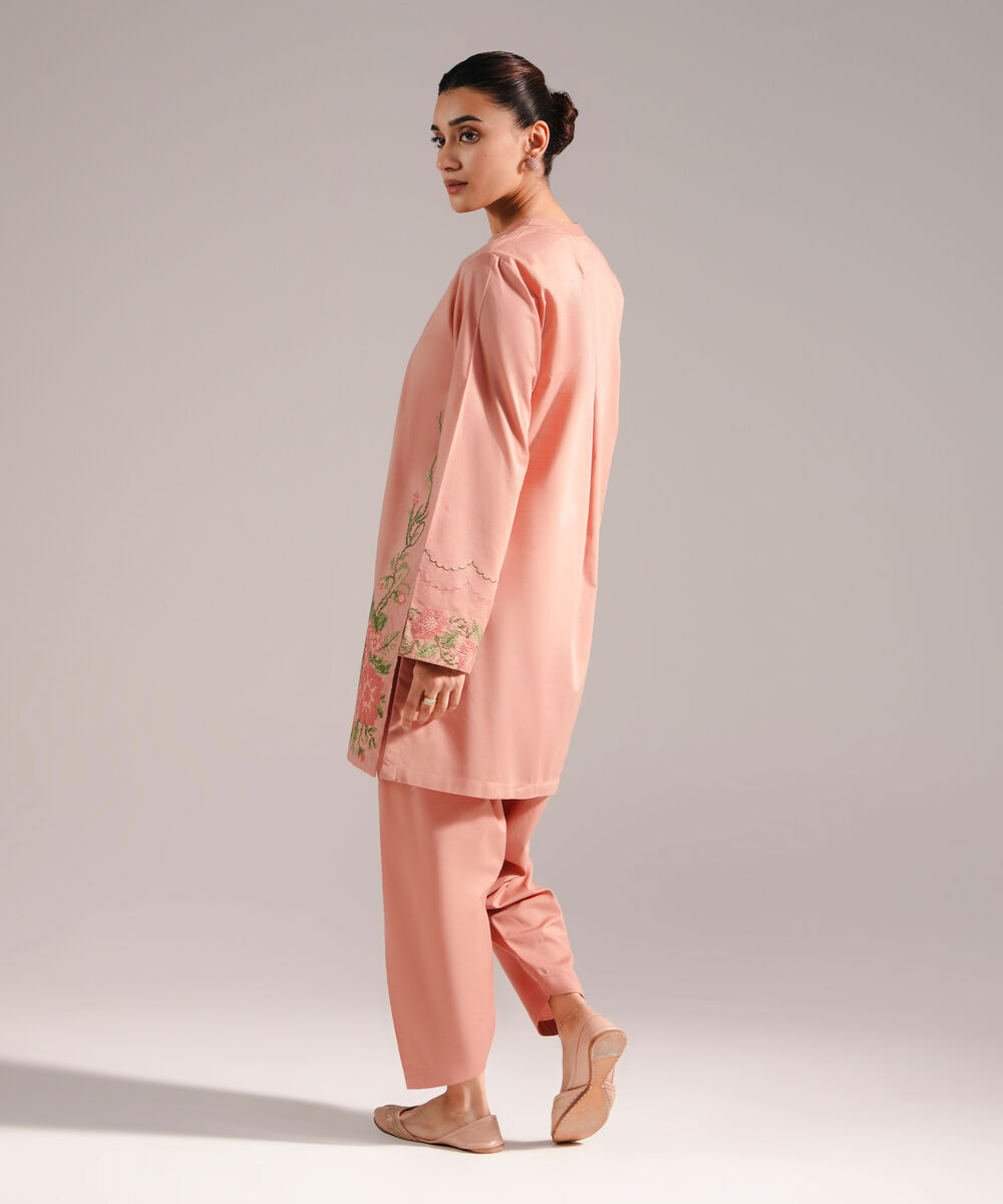 Women's RTW Slub Lawn Embroidered Straight Peach Shirt