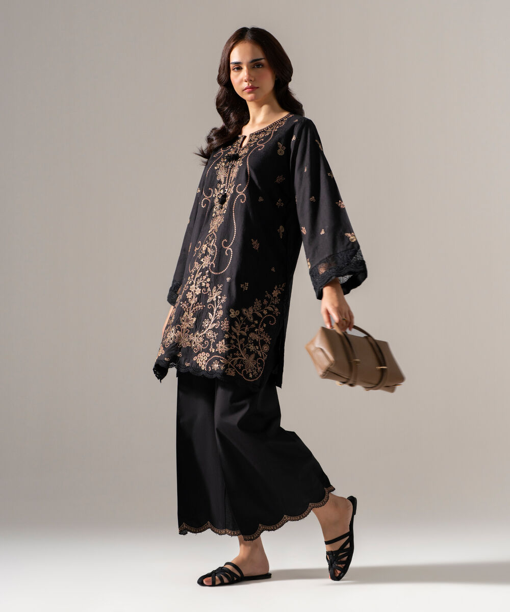 Women's RTW Self Jacquard Solid Embroidered Black 2 Piece Suit