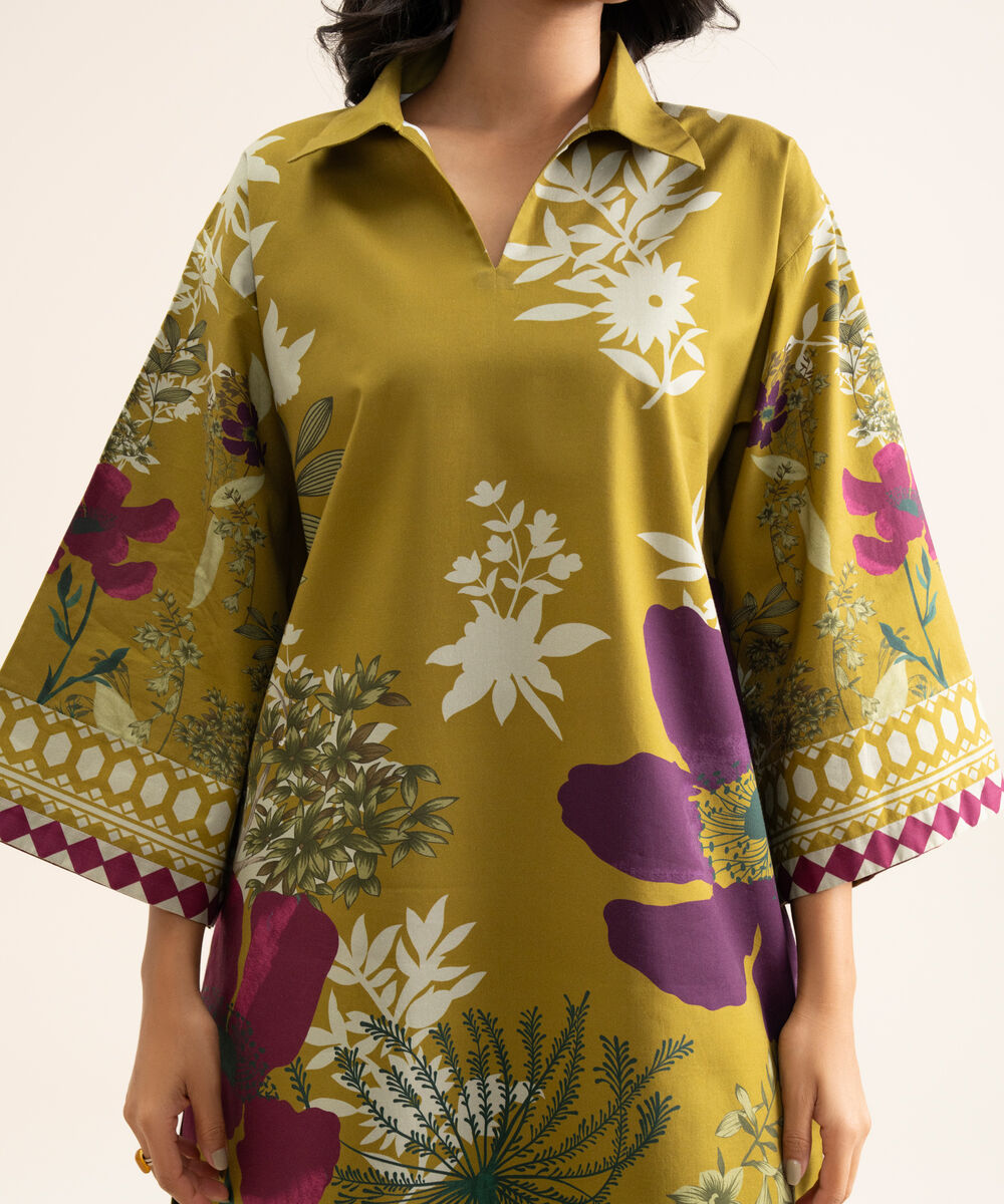 Women's Unstitched Cotton Printed Mustard 2 Piece Suit
