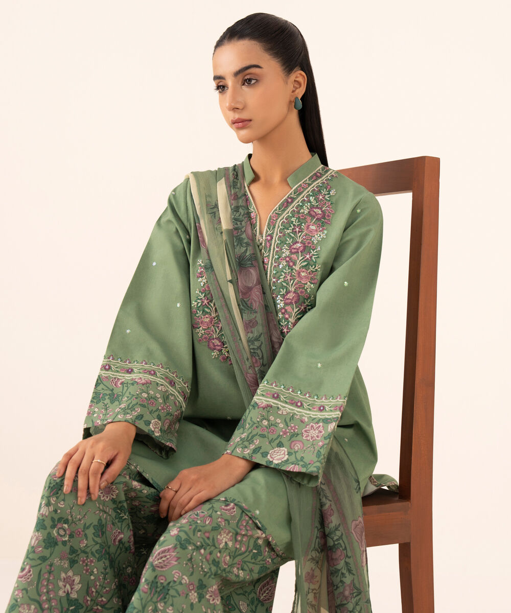 Women's Unstitched Cotton Viscose Embroidered Green 3 Piece Suit