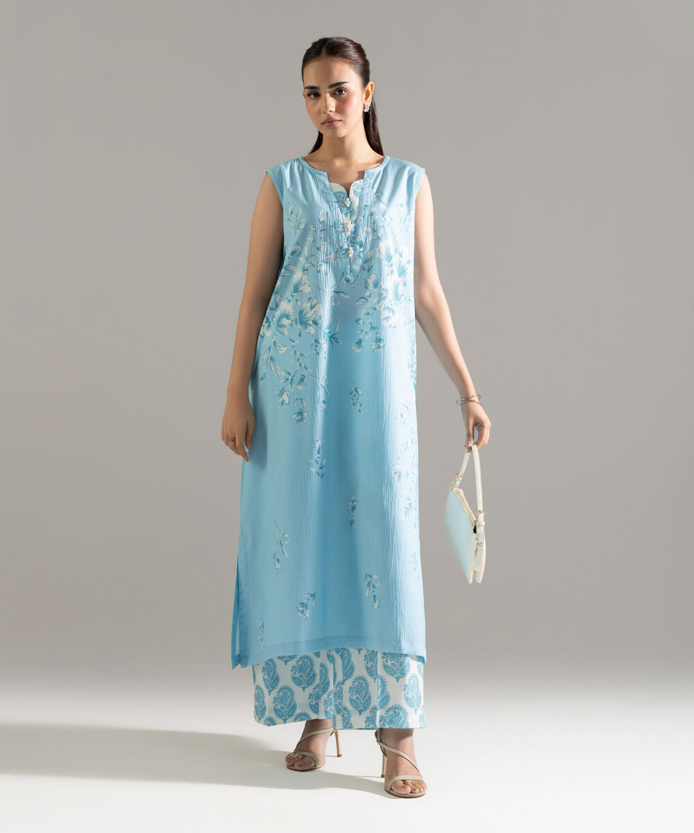 Women's RTW Seersucker Printed Blue Straight Shirt