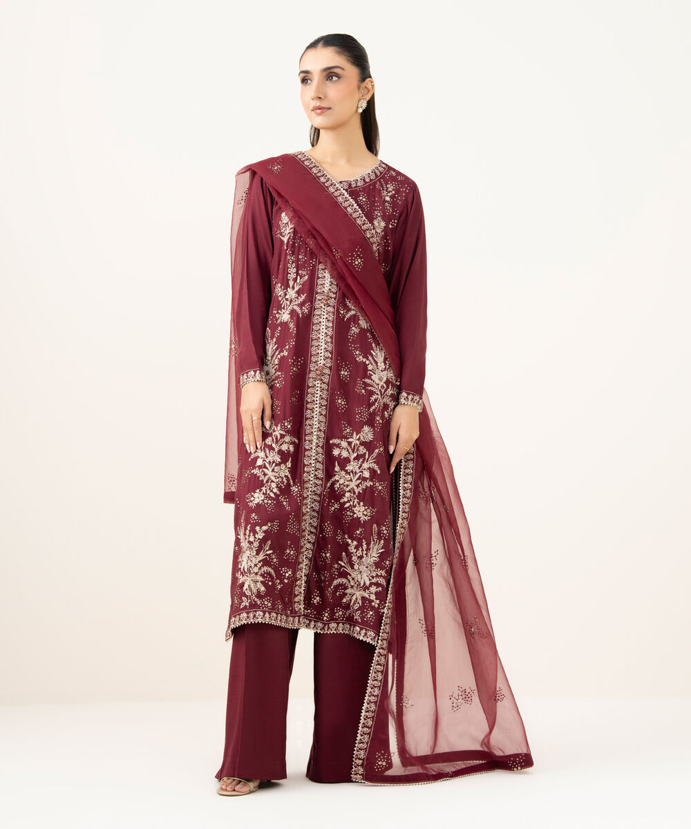 Women's RTW Viscose Raw Silk Maroon Dyed Three Piece
