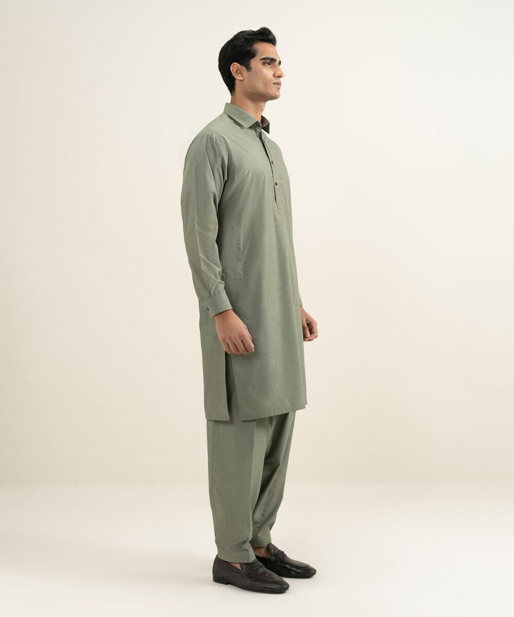Men's light olive Blended Yarn Dyed Kameez Shalwar