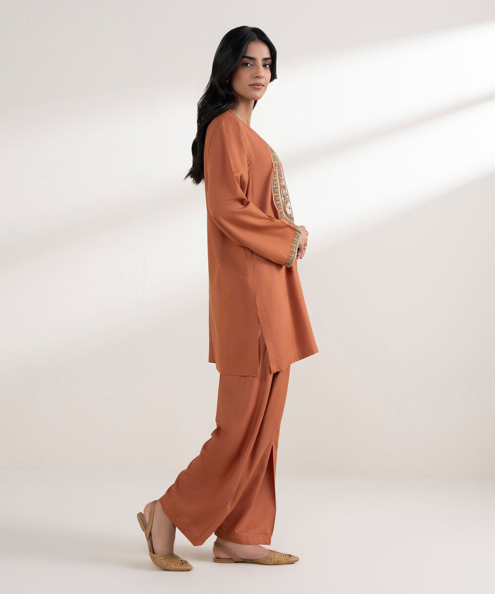 Women's RTW Arabic Khaddar Embroidered Rust Straight Shirt