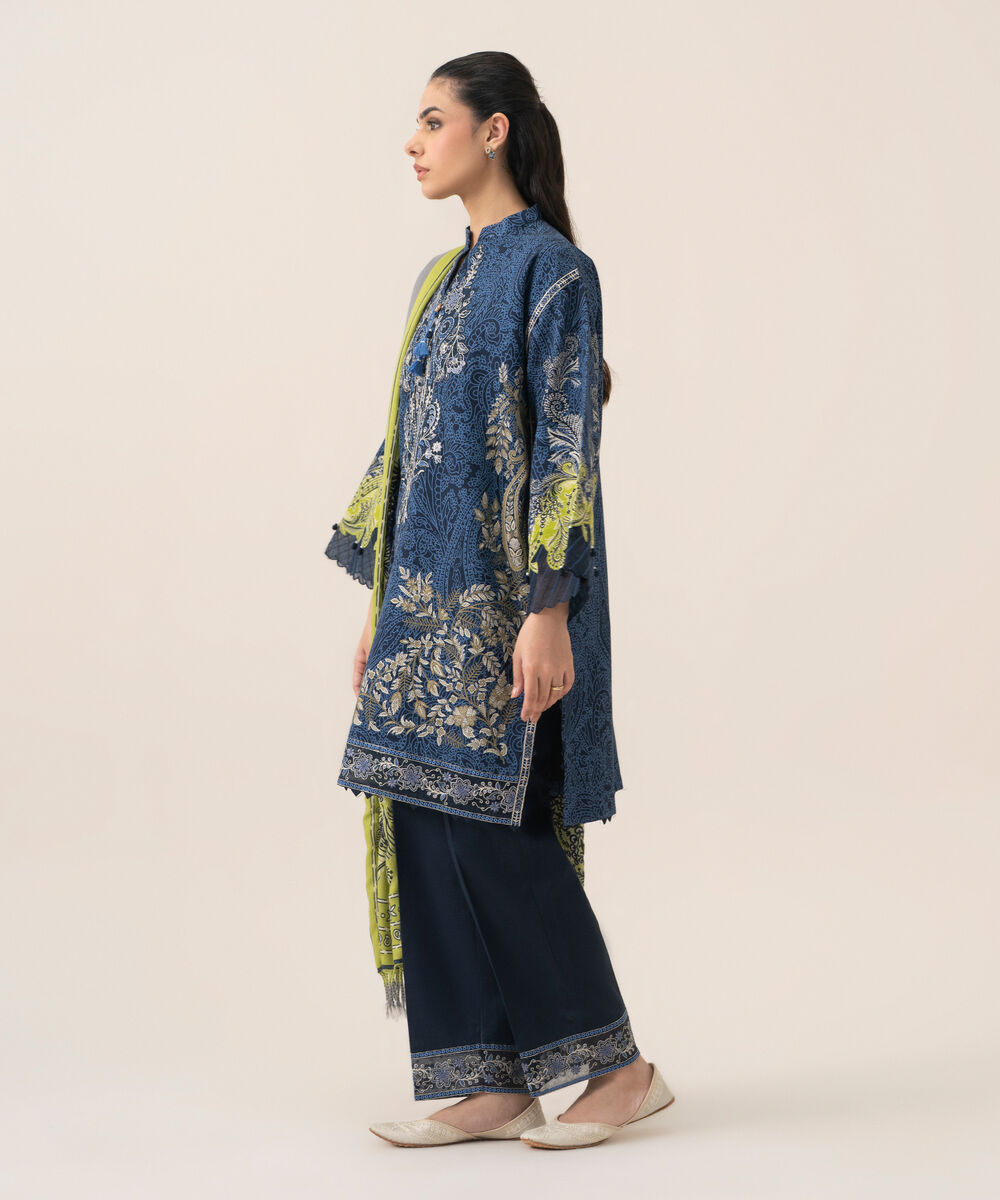 Women's Unstitched Cotton Printed Blue 3 Piece Suit