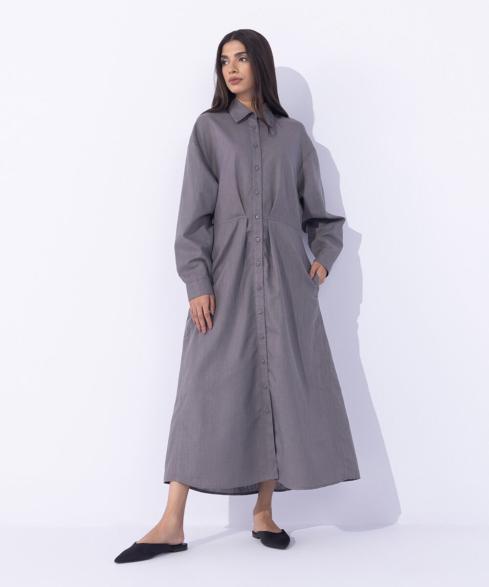 Women's Western Wear Grey Button- Through Linen Blend Dress