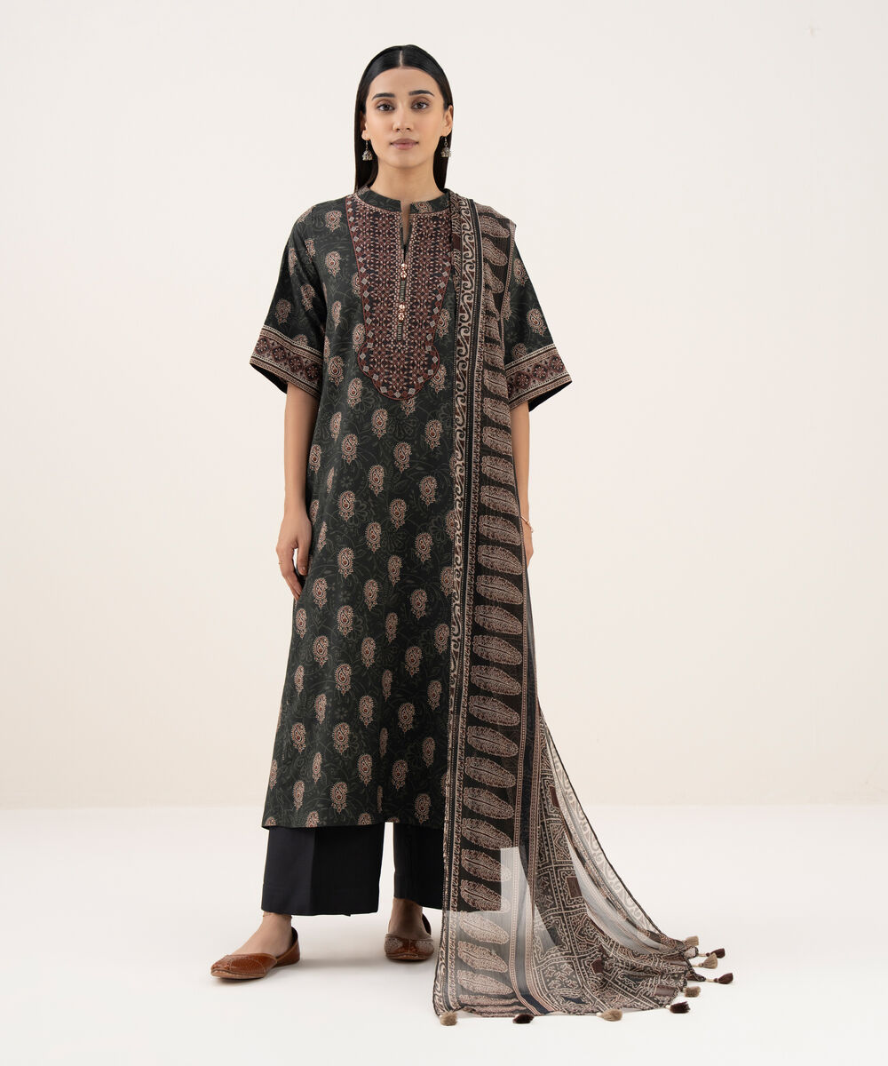 Women's Unstitched Light Linen Printed Grey 3 Piece Suit