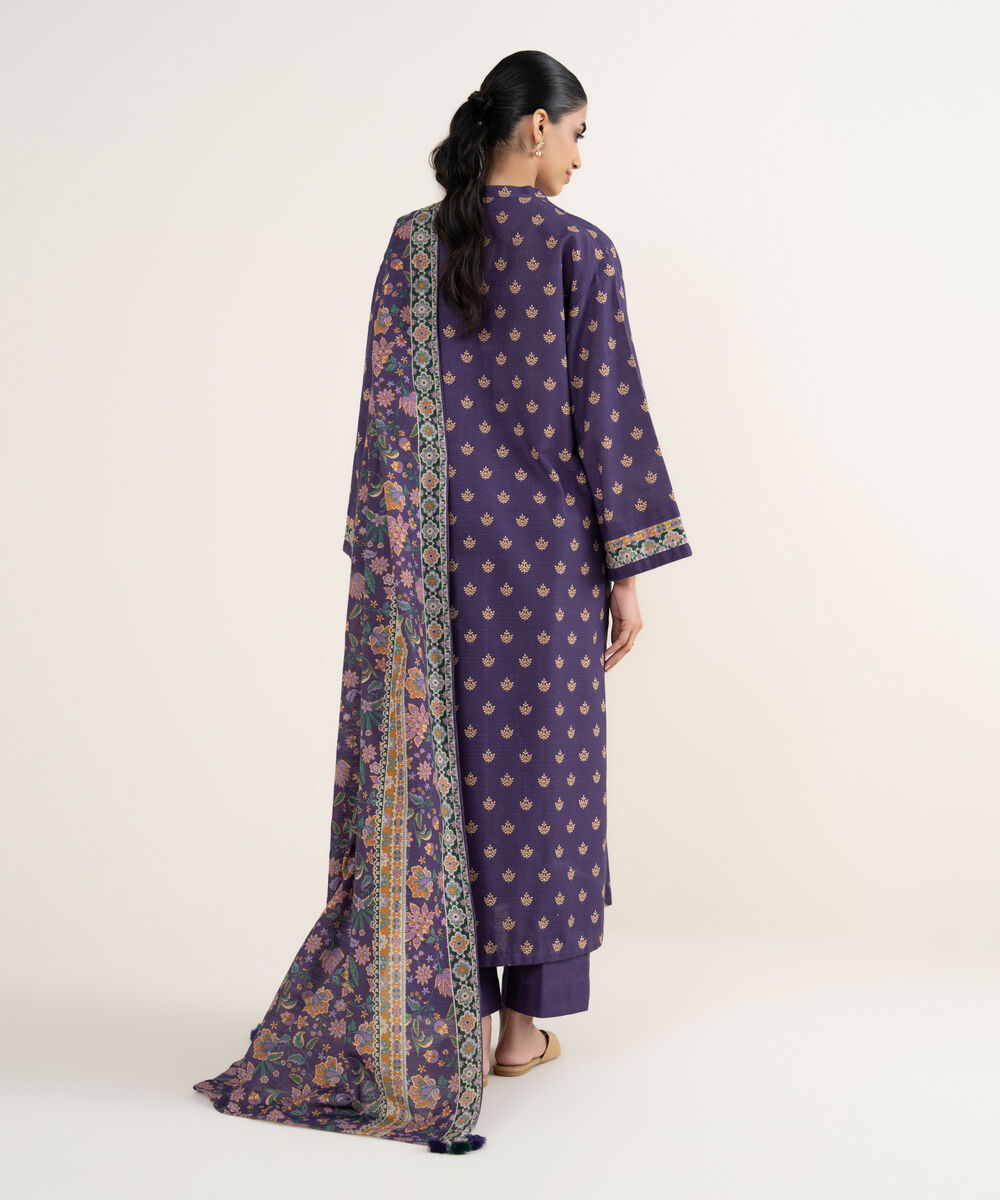 Women's Unstitched Printed Khaddar Purple 3 Piece Suit