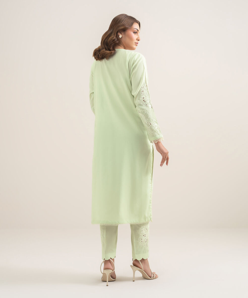 Women's RTW Self Jacquard Embroidered Green A-Line Shirt