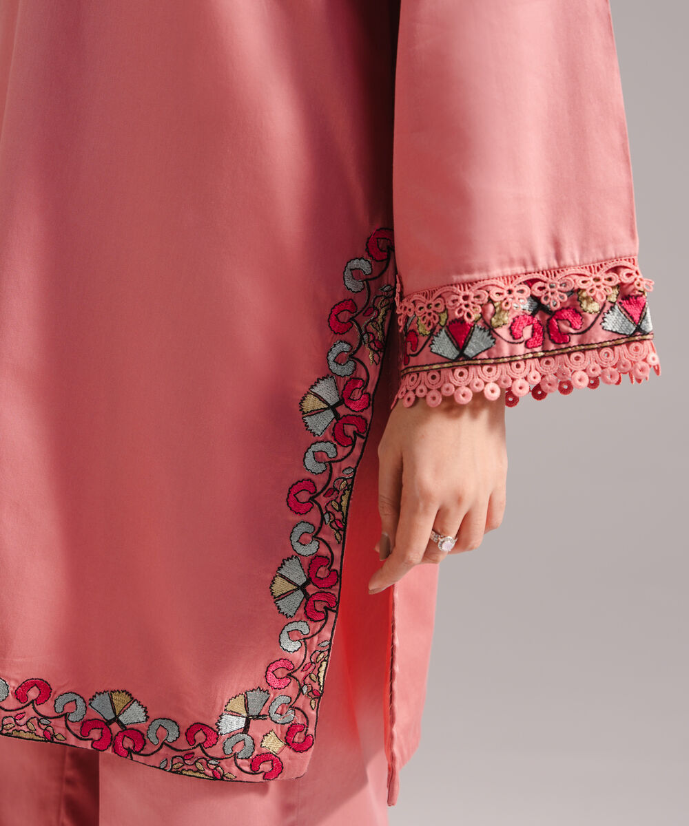 Women's RTW Cotton Satin Embroidered Pink 2 Piece Suit