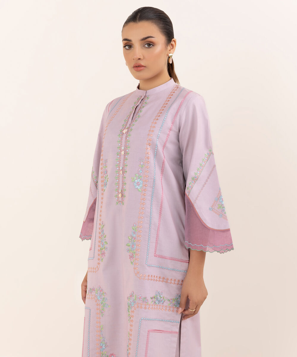 Women's Unstitched Cotton Embroidered Lilac Two Piece Suit