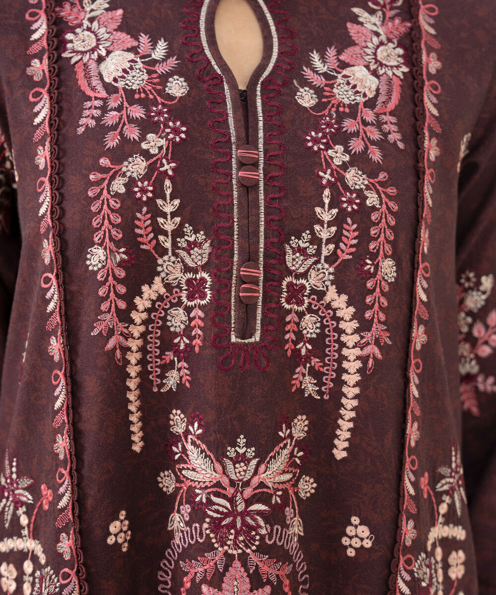 Women's Unstitched Embroidered Twill Maroon 3 Piece Suit