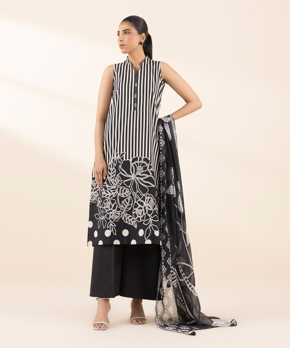 Women's Unstitched Lawn Printed Black 3 Piece Suit