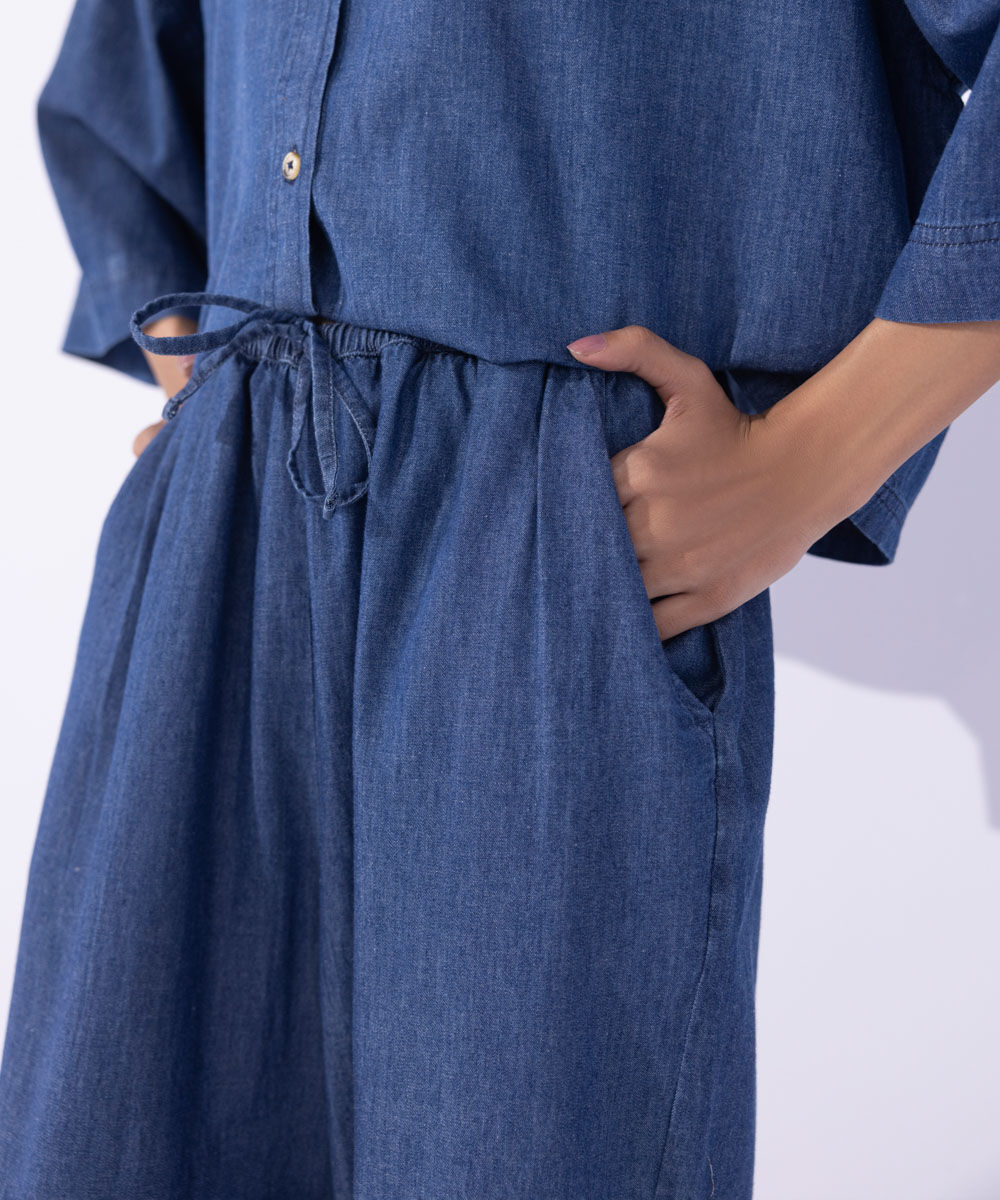 Women's Western Wear Blue Wide-Leg Denim Trousers