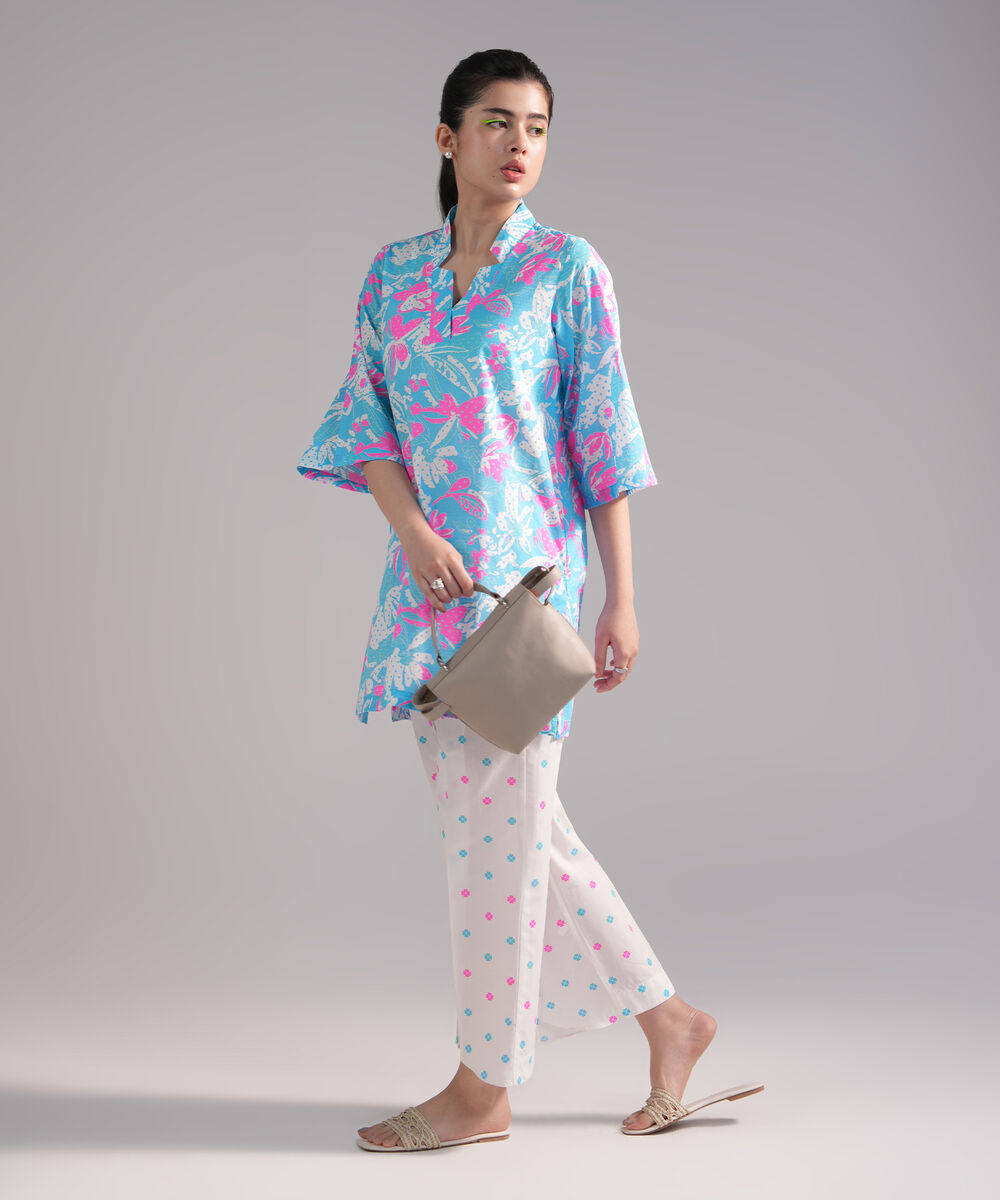 Women's RTW Dobby Printed Neon Blue 2 Piece Suit