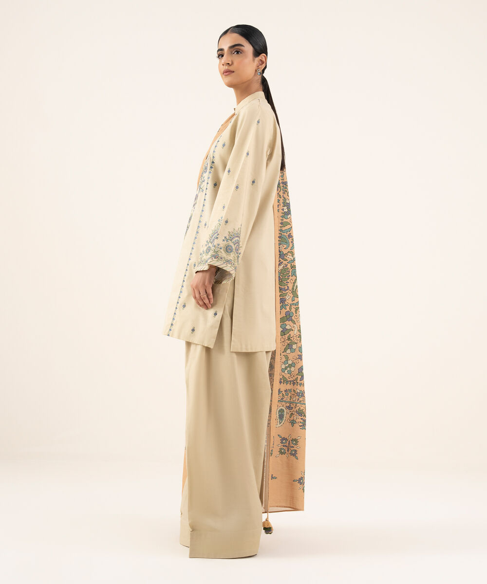 Women's Unstitched Textured Cotton Embroidered Off White 2 Piece Suit