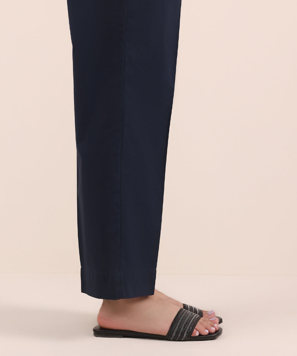 Woman - Blue Solid Cambric Straight Pants