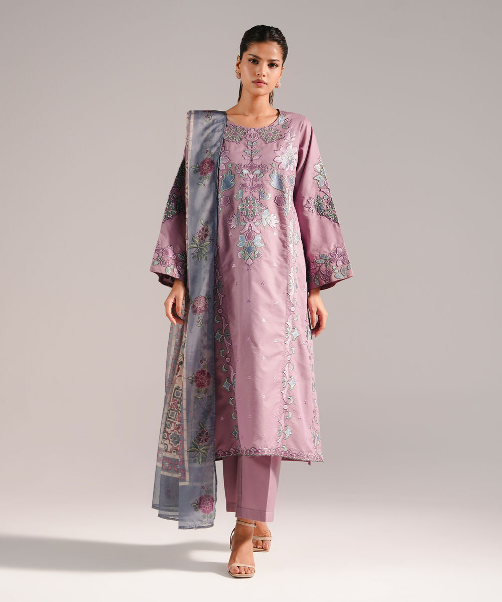 Women's RTW Zari Lawn Embroidered Lavender 3 Piece Suit