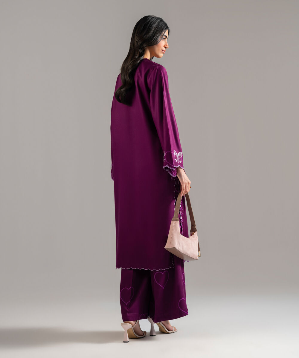 Women's RTW Bedford Solid Embroidered Purple Straight Shirt
