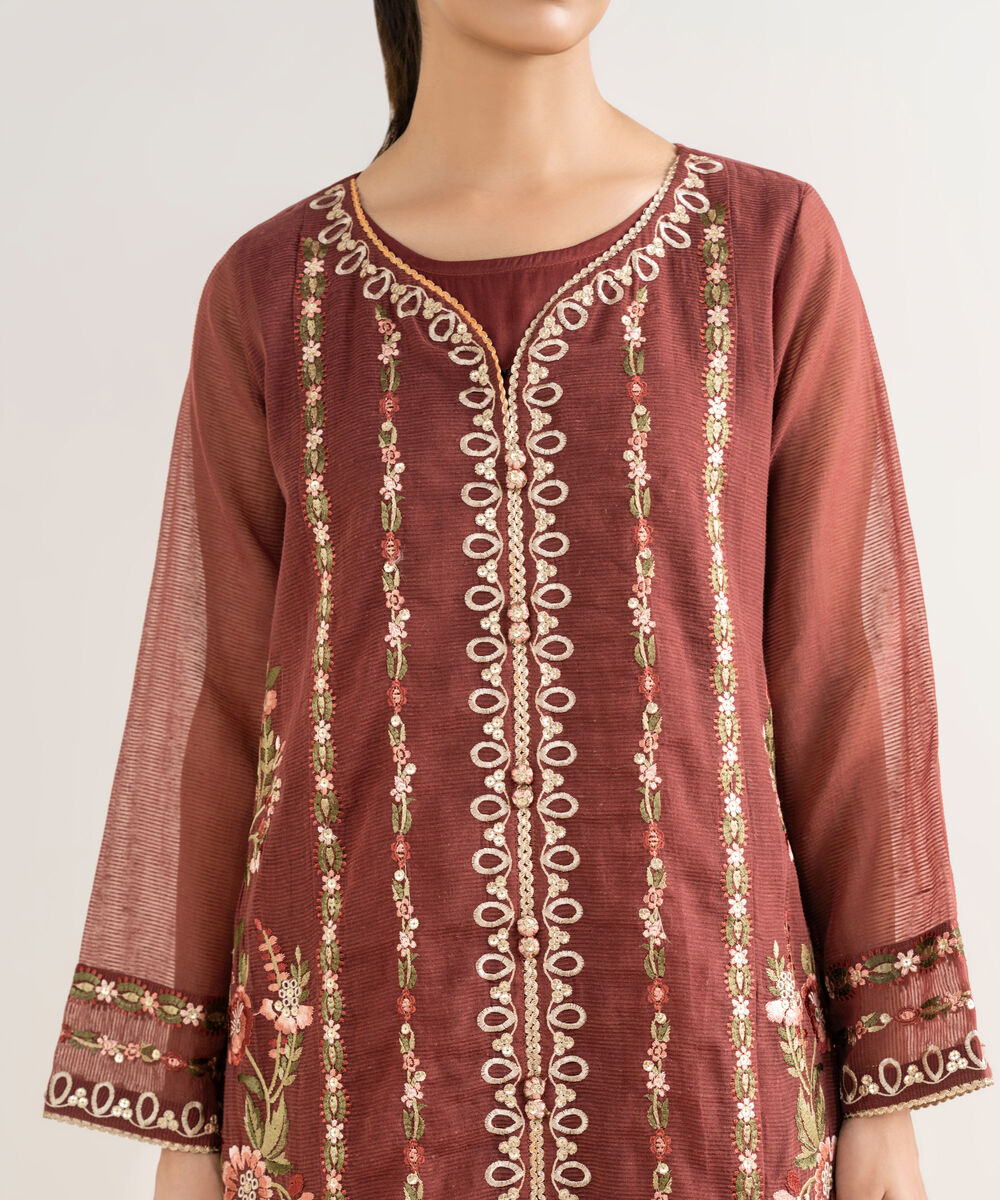 Women's RTW Blended Textured Karandi Brown Embroidered Straight Shirt
