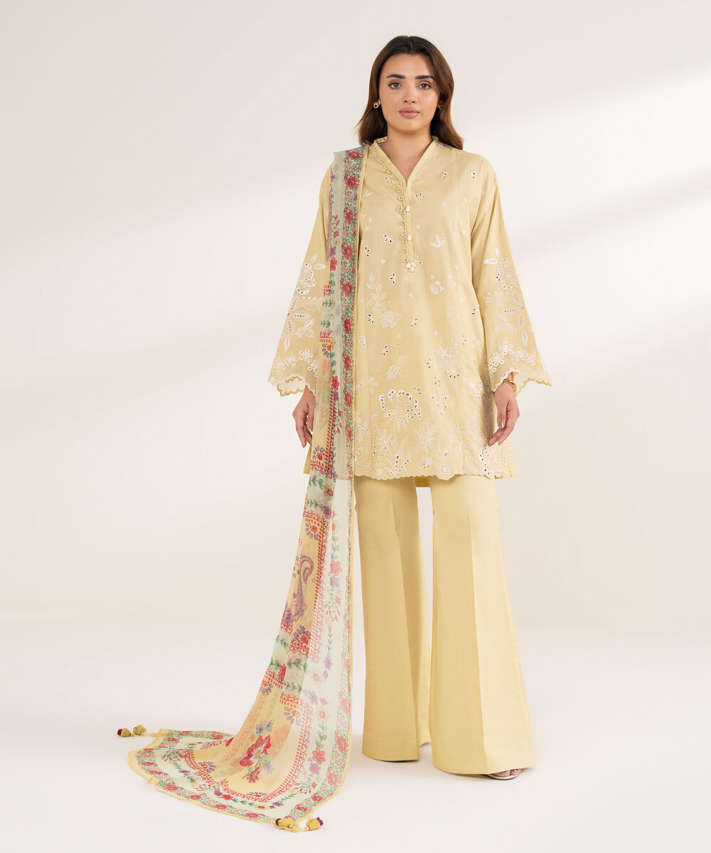 Women's Unstitched Cotton Embroidered Yellow 3 Piece Suit